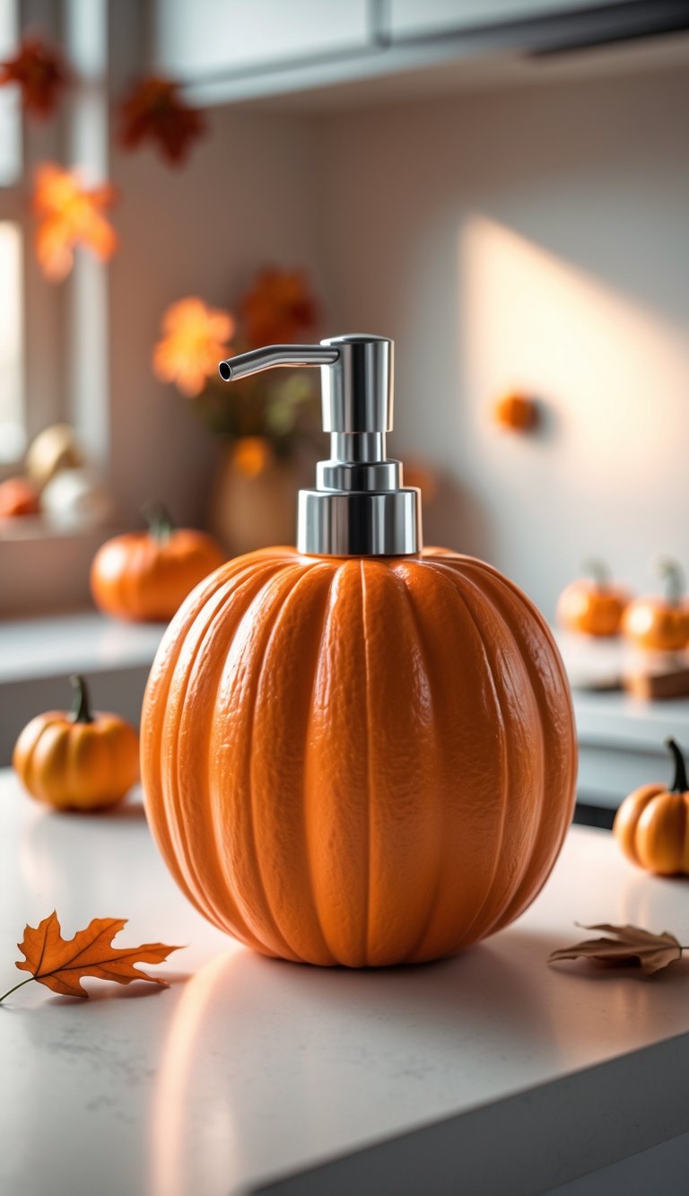 A pumpkin-shaped soap dispenser on a kitchen countertop surrounded by small gourds and autumn leaves.