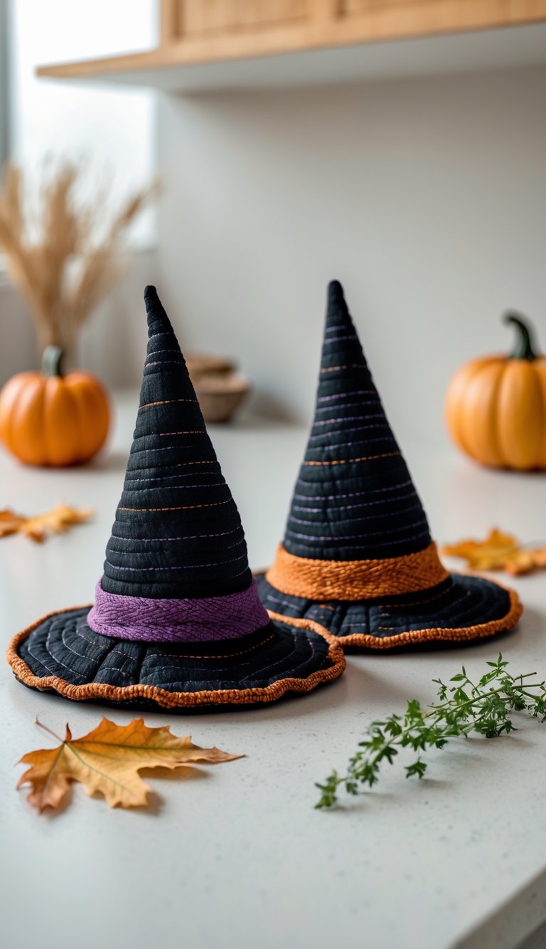 A pair of witch hat-shaped pot holders on a kitchen countertop with small pumpkins and autumn leaves nearby.