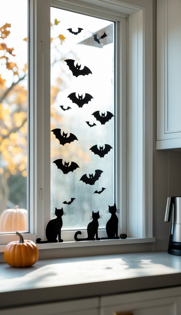 Kitchen window decorated with black bats and black cats painted on the glass for Halloween.