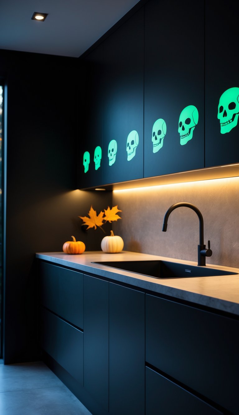 A modern kitchen with black cabinets featuring glow-in-the-dark skull decals and a small pumpkin on the countertop.