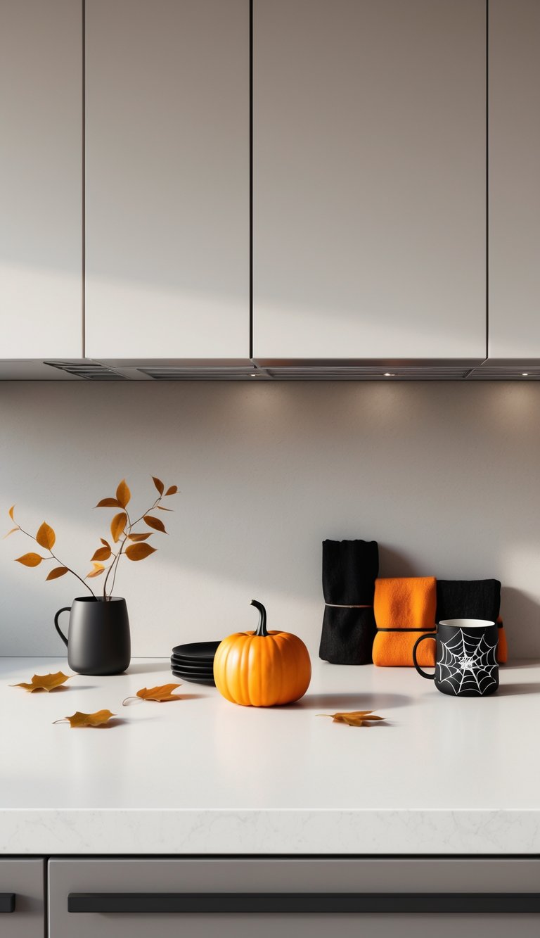 A modern kitchen countertop with a small pumpkin centerpiece, black and orange dish towels, autumn leaves, and a black mug with a spiderweb pattern.