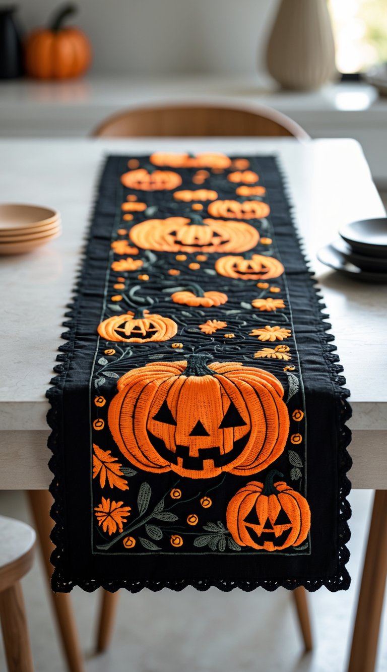 A black and orange table runner with pumpkin patterns displayed on a kitchen table.