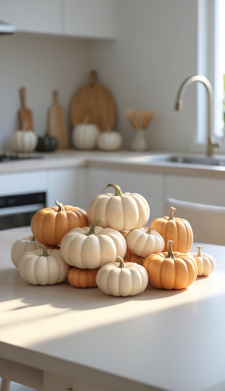 A kitchen table with a centerpiece of small faux pumpkins arranged neatly as Halloween decorations.