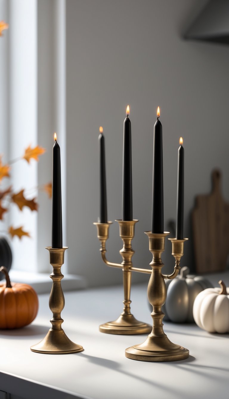 Black taper candles in vintage brass candleholders on a kitchen table.