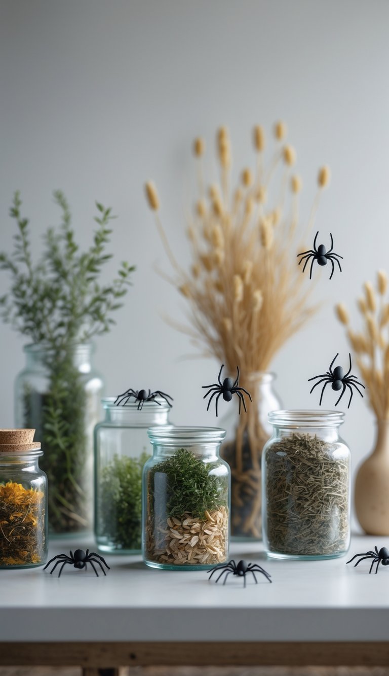 Apothecary jars filled with dried herbs and realistic faux spiders arranged on a kitchen table.