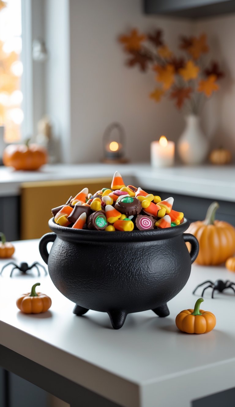 A witch's cauldron-shaped candy bowl filled with Halloween candies on a kitchen table decorated with small pumpkins and autumn leaves.