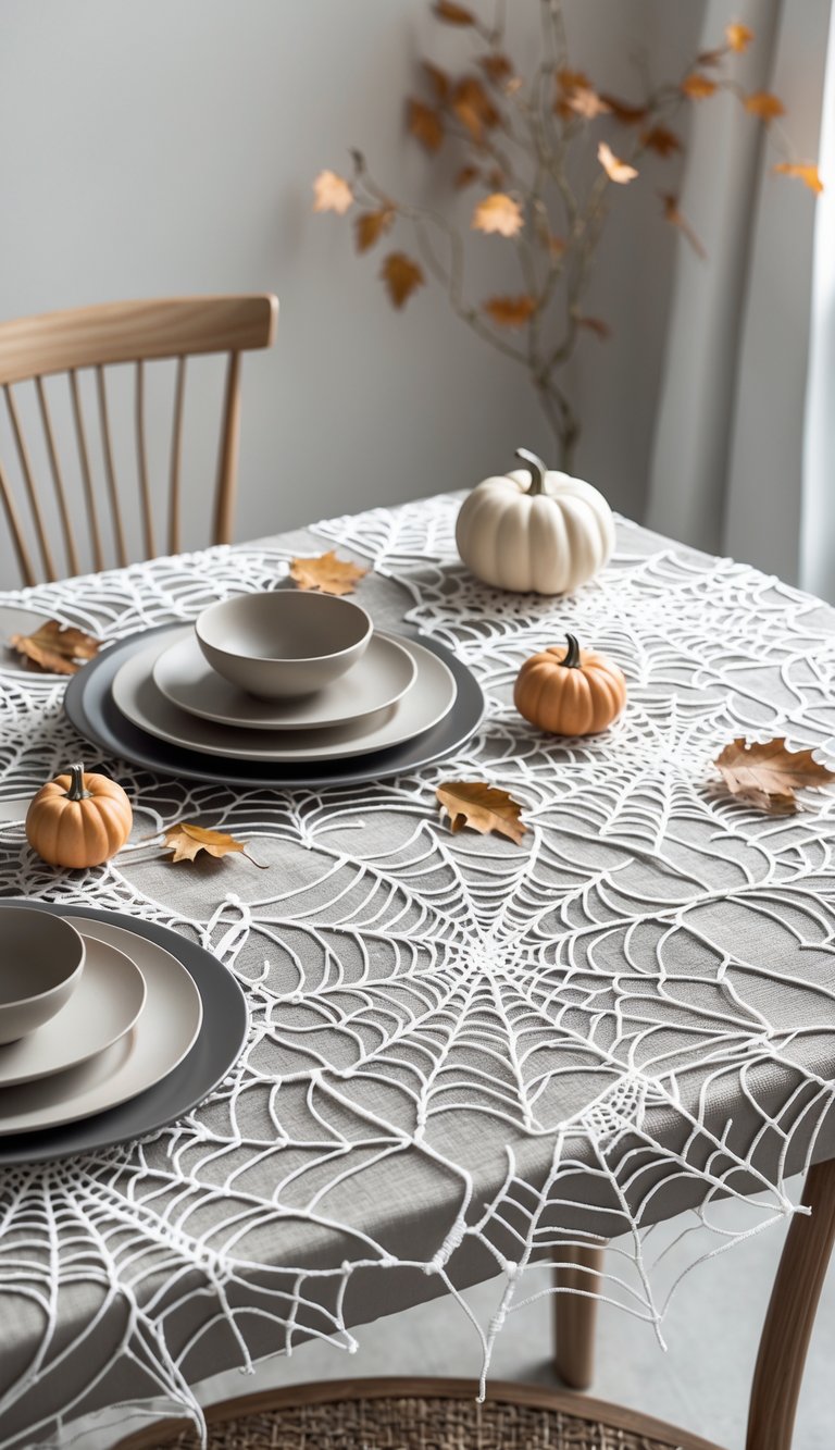 A kitchen table with cobweb lace placemats, neutral dishware, small pumpkins, and autumn leaves arranged for Halloween.