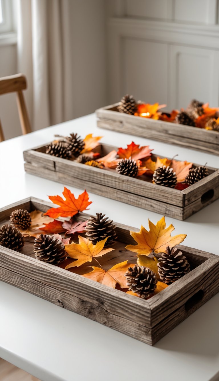 Rustic wooden trays on a kitchen table filled with autumn leaves and pinecones.