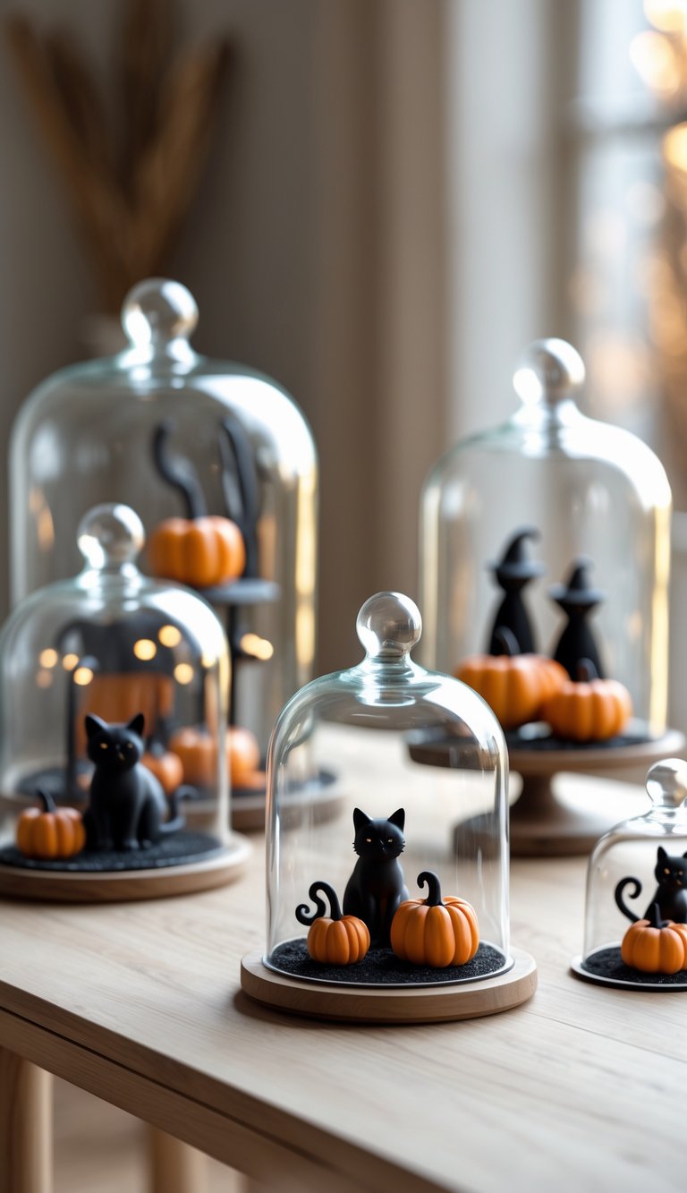 Glass cloches on a wooden kitchen table cover Halloween-themed figurines including pumpkins, black cats, witches' hats, and ghosts.