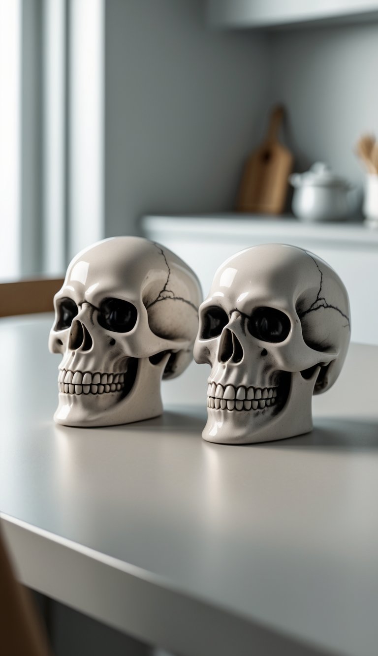 A pair of skull-shaped salt and pepper shakers on a kitchen table.