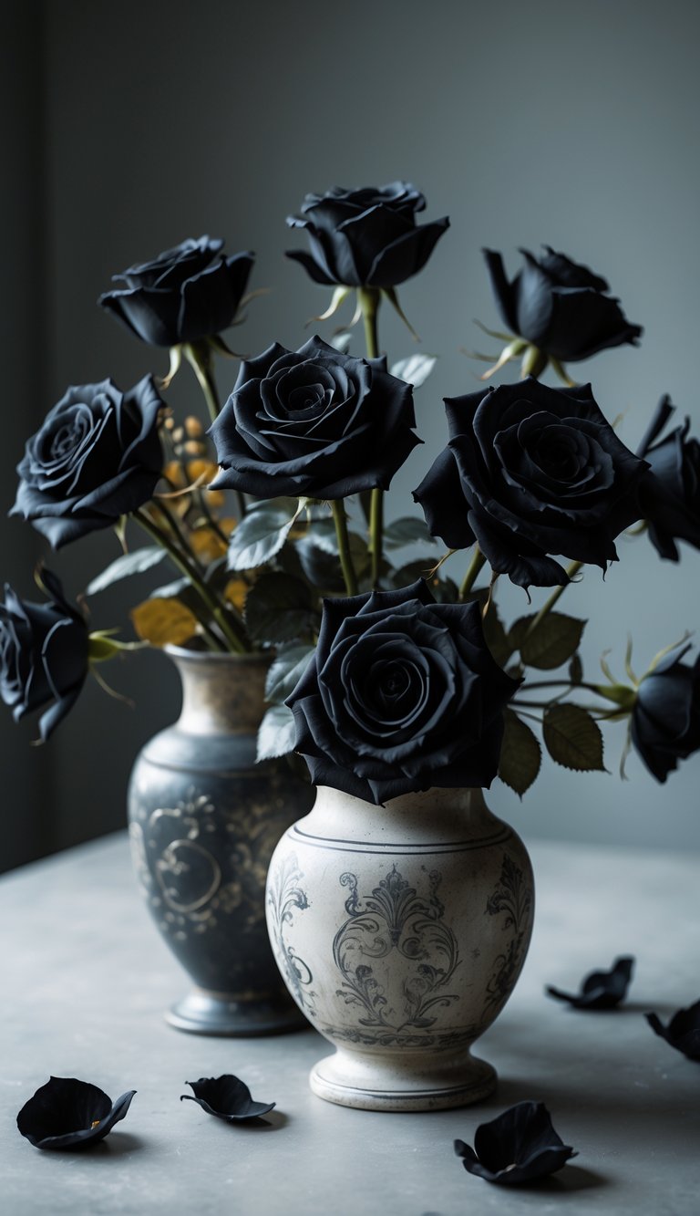 Black roses arranged in antique vases on a kitchen table.