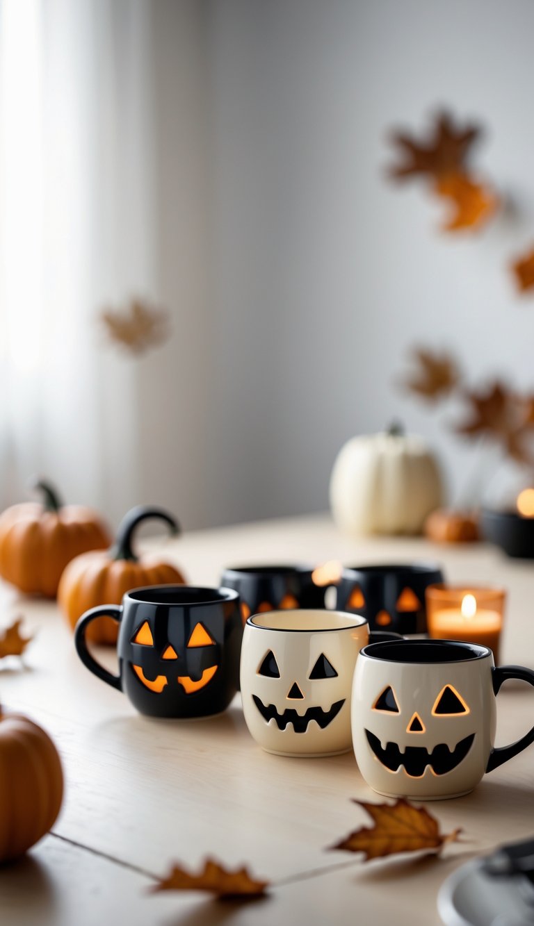 A wooden kitchen table with several ceramic mugs featuring spooky Halloween faces, surrounded by small pumpkins and autumn leaves.