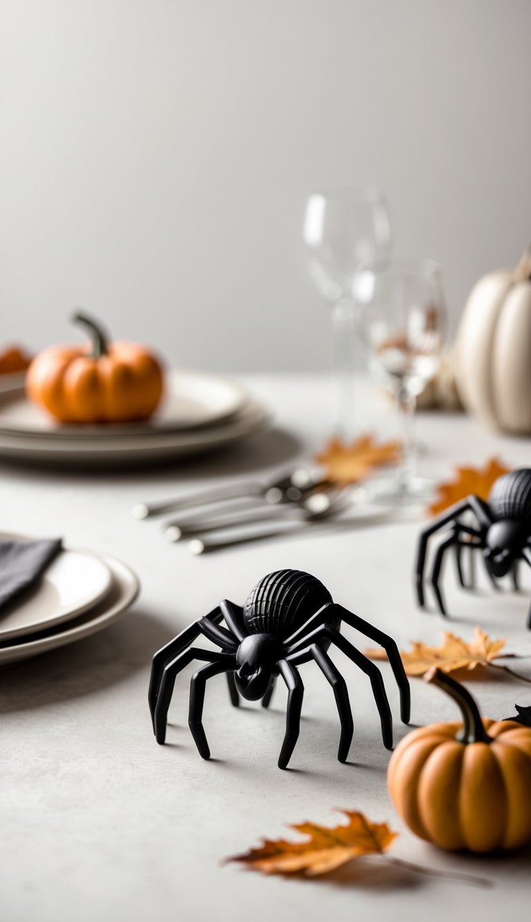 A kitchen table set with plates and cutlery, featuring spider-shaped napkin rings and small Halloween decorations like pumpkins and autumn leaves.