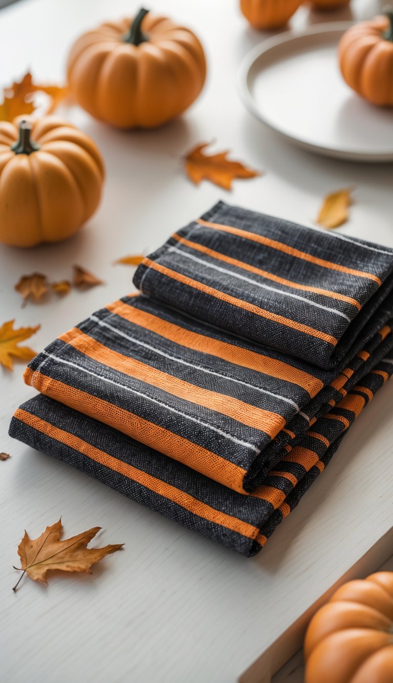 A kitchen table with orange and black striped cloth napkins folded next to small pumpkins and autumn leaves.