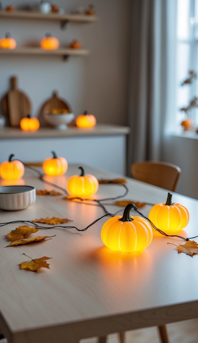 A kitchen table decorated with glowing pumpkin string lights and small autumn-themed accents.