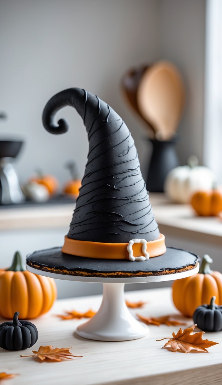 A witch hat-shaped mini cake on a kitchen table with small pumpkins and autumn leaves around it.