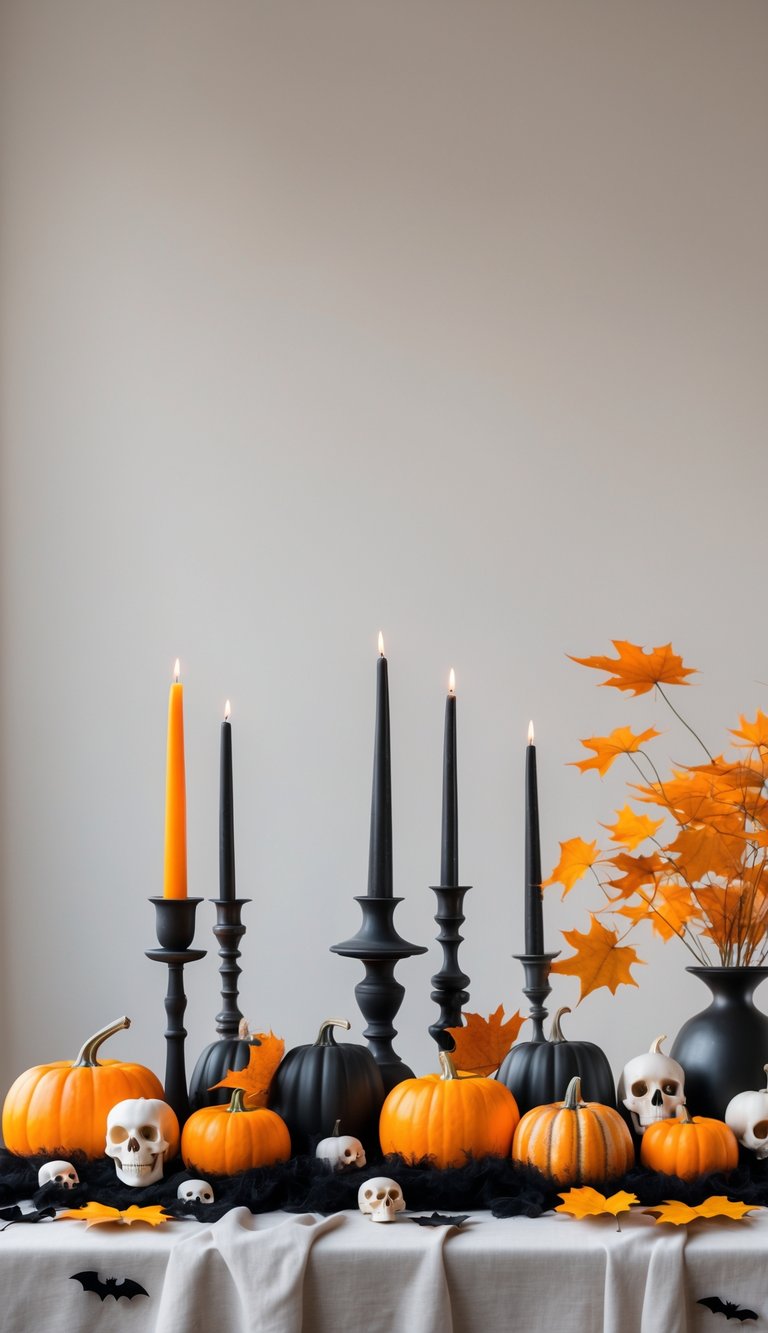 A kitchen table decorated with small pumpkins, candles, autumn leaves, and Halloween-themed accents.