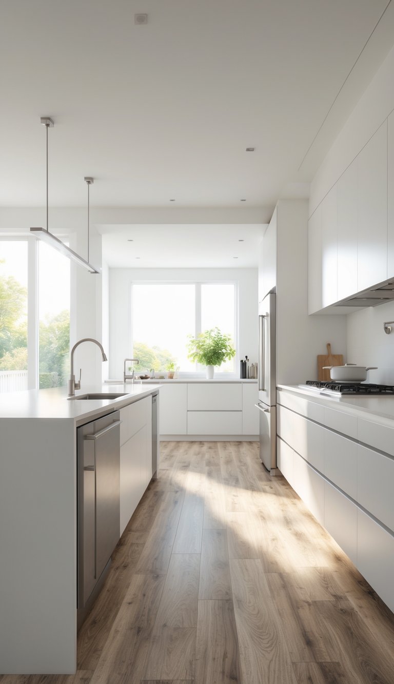 A modern kitchen with white cabinets, a large island, stainless steel appliances, and luxury vinyl plank flooring with a natural wood appearance.
