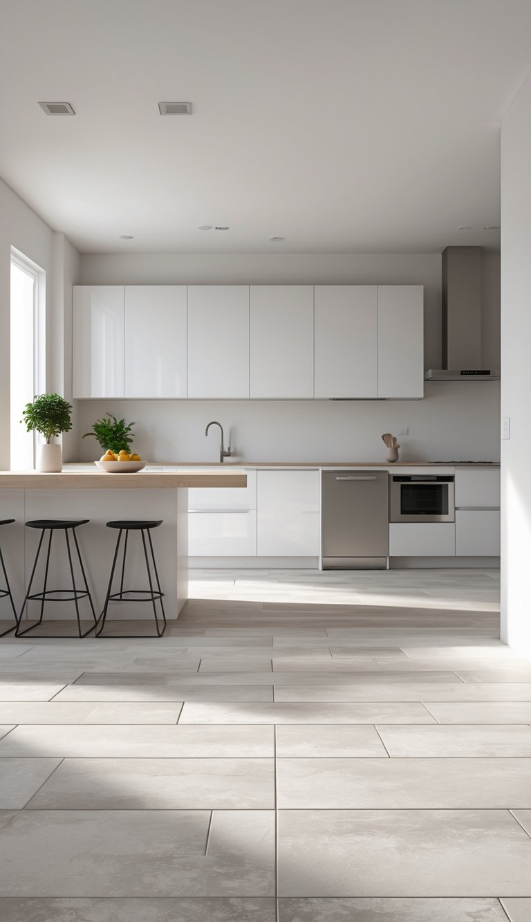 Modern kitchen with porcelain tile flooring, white cabinets, a kitchen island, and natural light.