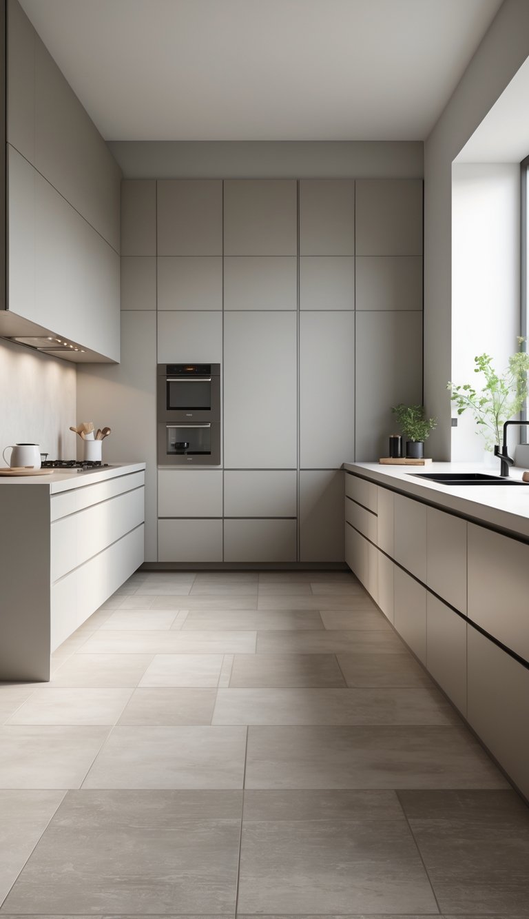 Modern kitchen with matte porcelain tile flooring, sleek cabinetry, and minimal decor.