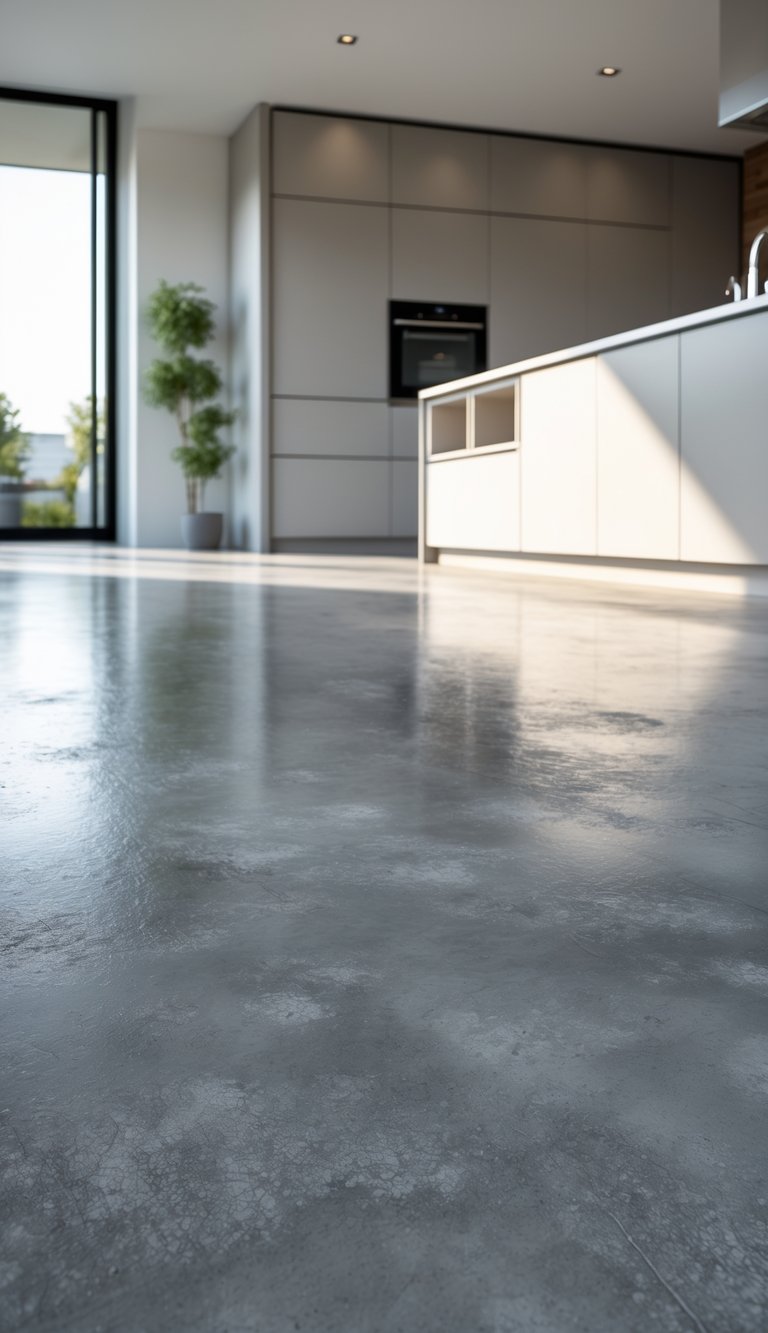Modern kitchen with polished concrete floors, minimalist cabinetry, and natural light.