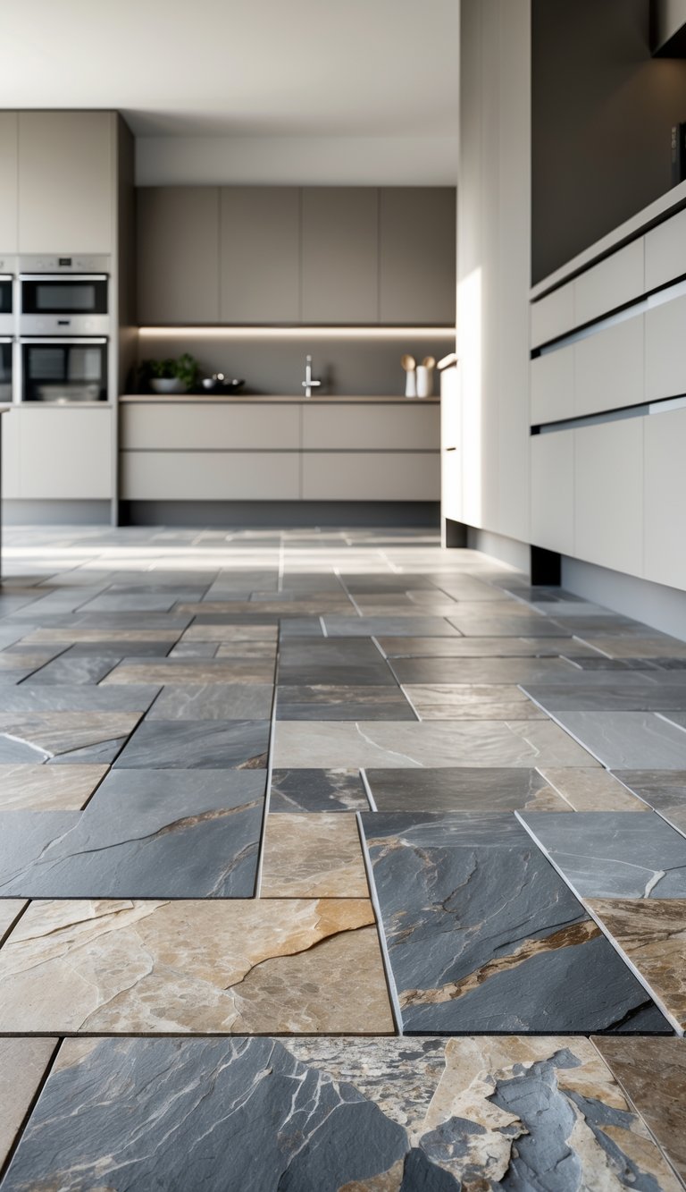 A modern kitchen with natural stone tile flooring in slate and travertine, featuring sleek cabinets and stainless steel appliances.