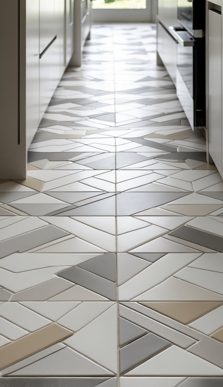 Close-up view of a modern kitchen floor covered with geometric patterned ceramic tiles in neutral colors.