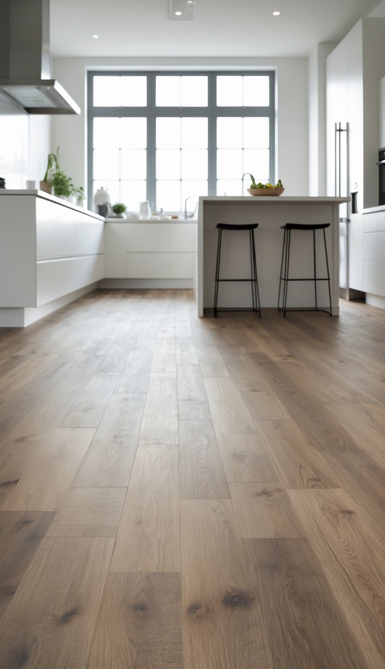 Modern kitchen interior with durable laminate wood flooring, white cabinets, stainless steel appliances, and natural light.