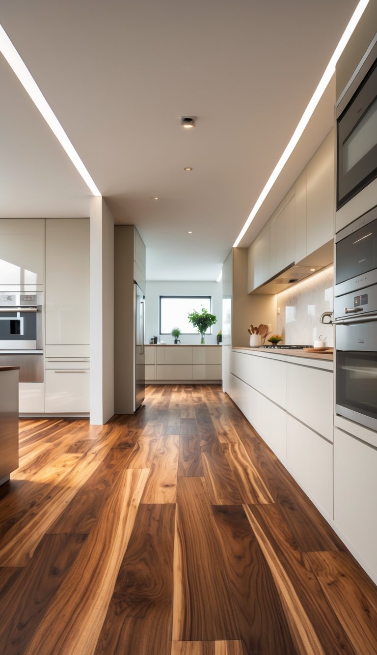 A modern kitchen with warm walnut hardwood flooring, sleek cabinets, and stainless steel appliances.