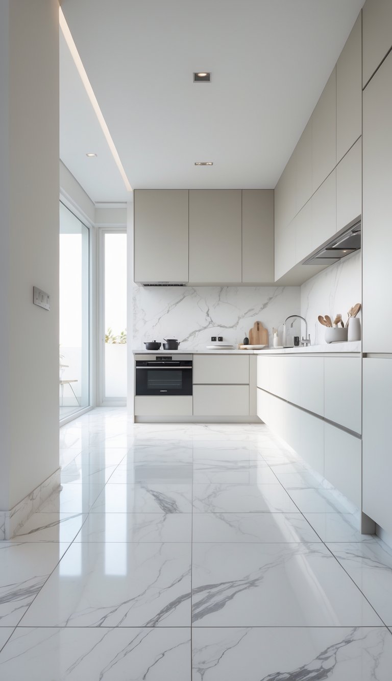 A modern kitchen with polished white marble tile flooring, sleek cabinets, and stainless steel appliances illuminated by natural light.