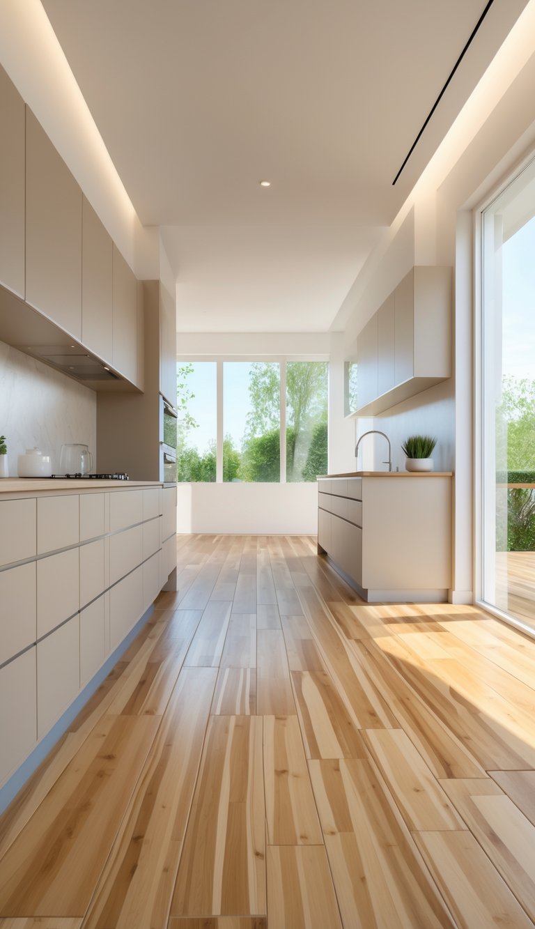 Modern kitchen with eco-friendly bamboo flooring, sleek cabinets, and natural light.