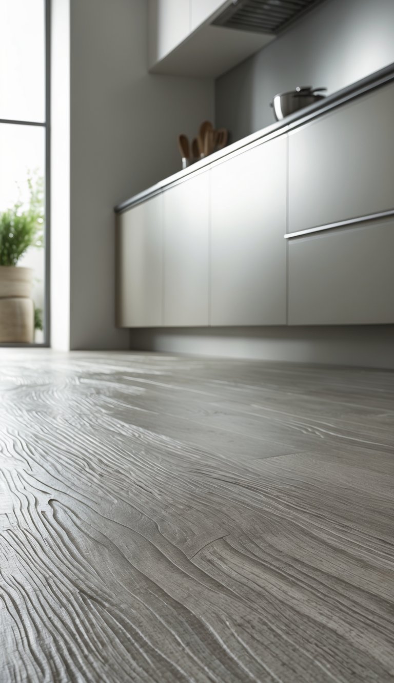 Close-up view of textured vinyl flooring in a modern kitchen with sleek cabinets in the background.
