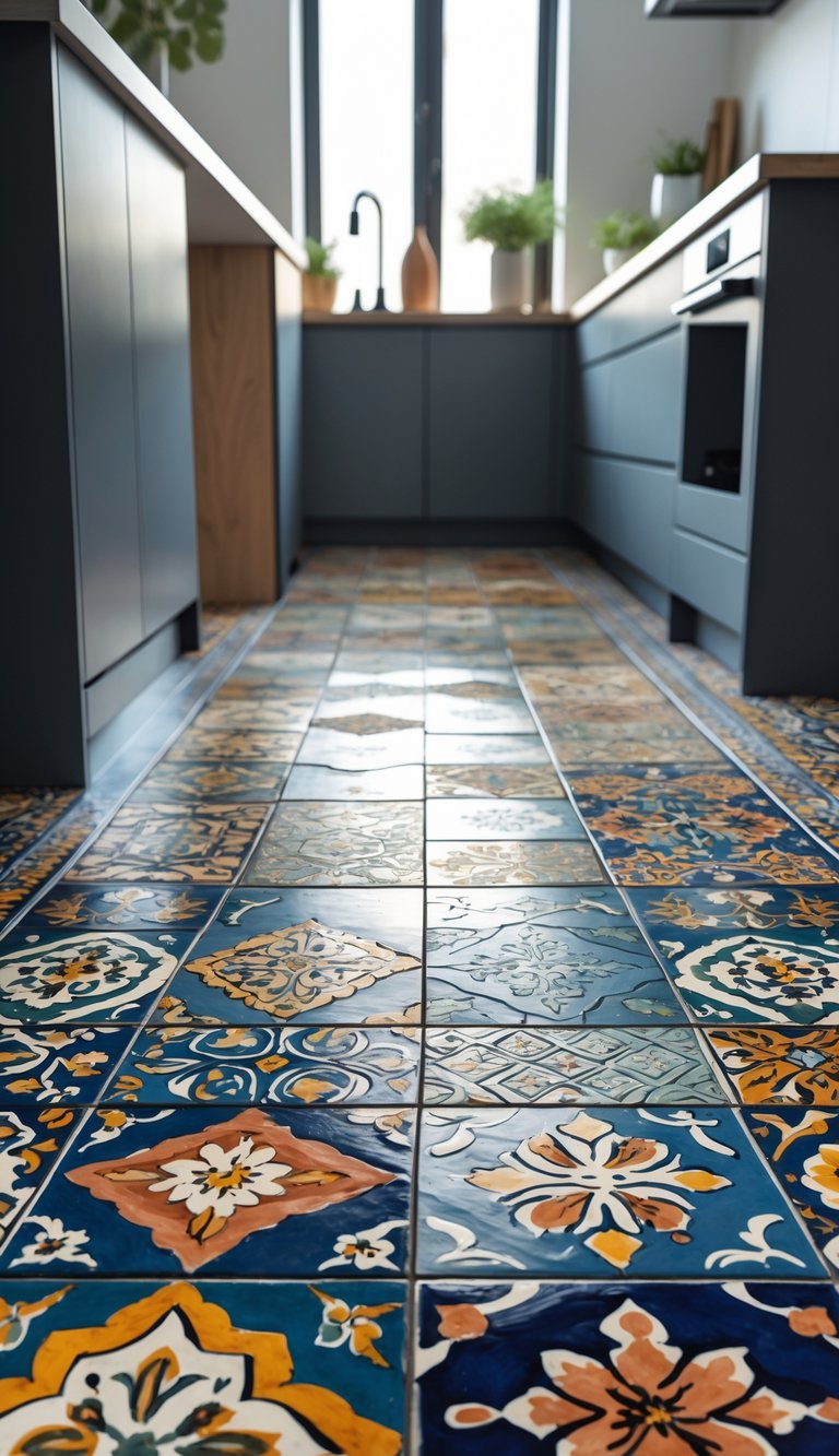 A modern kitchen floor covered with colorful patterned Moroccan tiles.