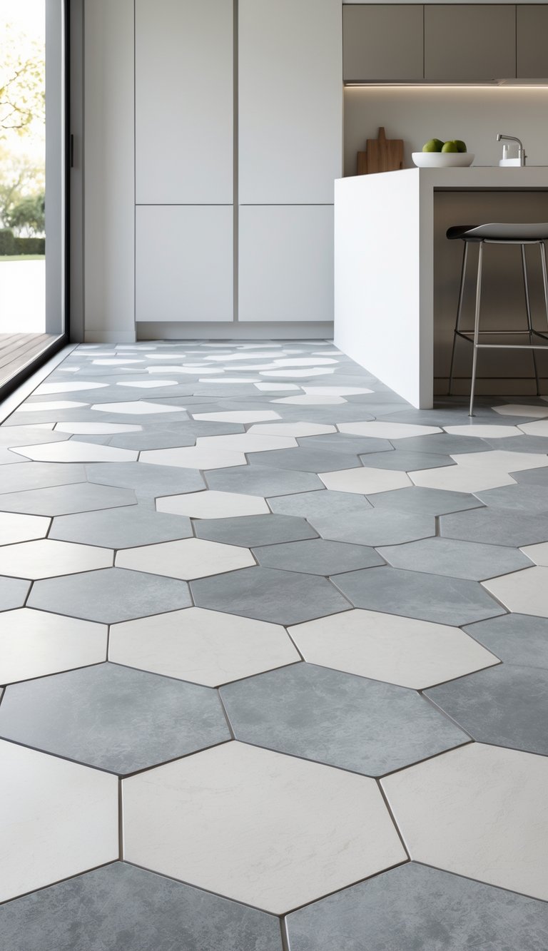 Modern kitchen floor with hexagonal porcelain tiles and a kitchen island in a bright, minimal space.