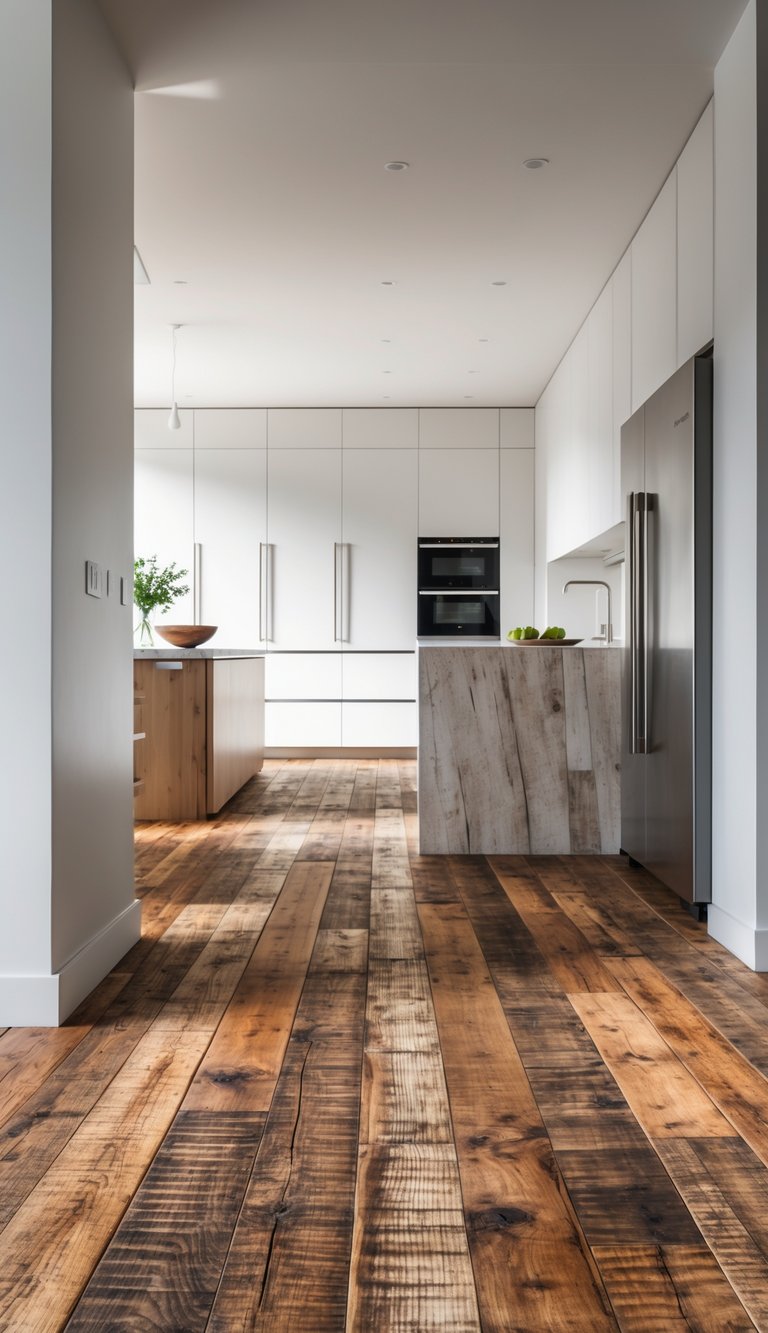 Modern kitchen interior with rustic reclaimed wood flooring, white cabinets, and a kitchen island under soft natural light.