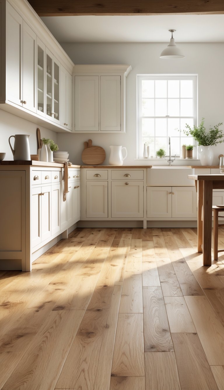 A farmhouse kitchen with classic oak hardwood flooring, white cabinets, a wooden dining table, and natural light coming through a window.