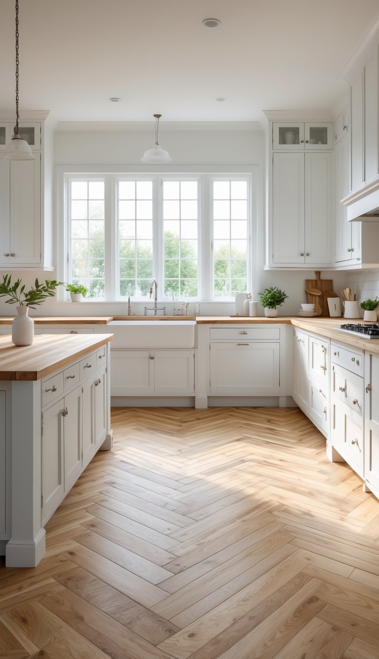 A bright farmhouse kitchen with white cabinets and a wooden island, featuring herringbone patterned hardwood flooring.
