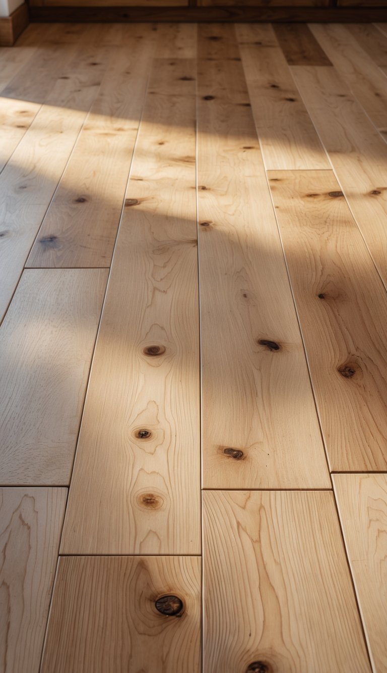 Close-up view of a maple hardwood kitchen floor with a rustic finish, showing natural wood grain and texture.