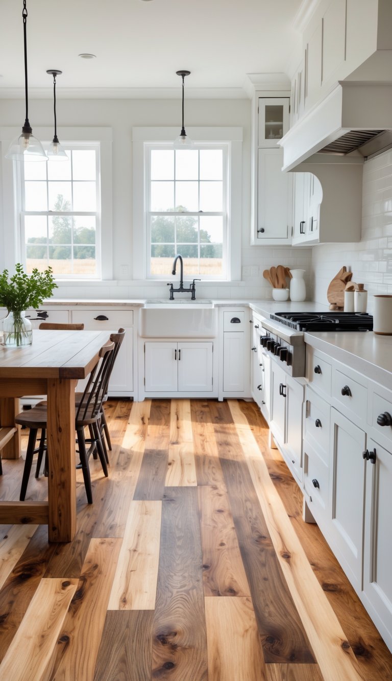 Bright farmhouse kitchen with natural hickory hardwood flooring, white cabinets, a farmhouse sink, and a wooden dining table with chairs.