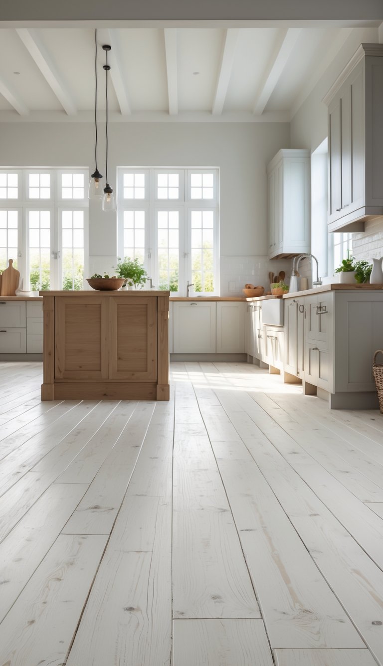 A bright farmhouse kitchen with whitewashed pine wood flooring, simple cabinets, and a wooden island.