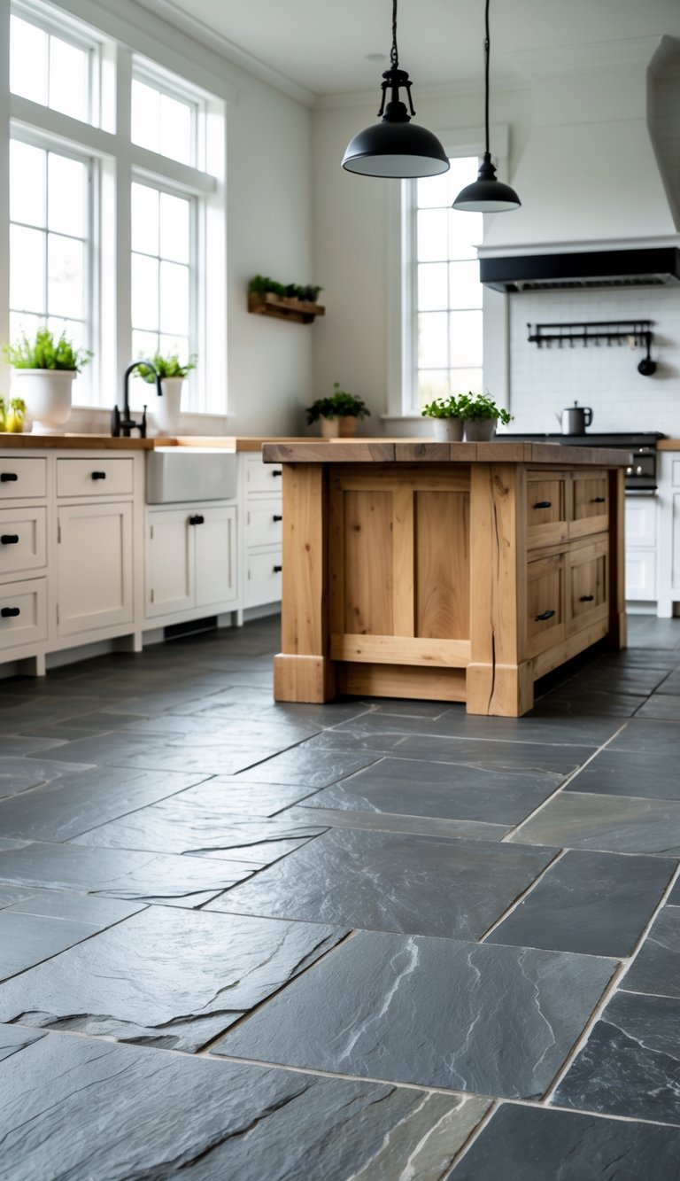A farmhouse kitchen with dark slate stone flooring, white cabinets, a wooden island, and natural light coming through windows.