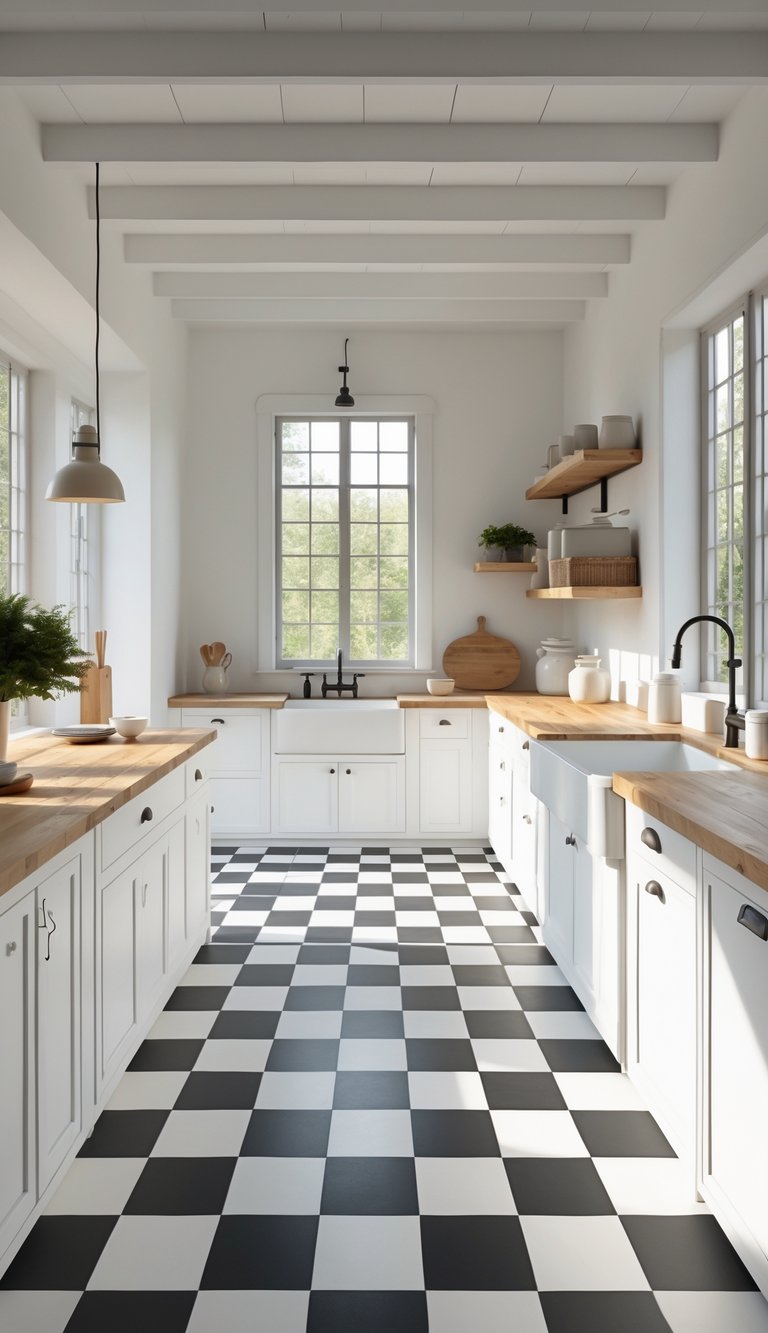 A bright farmhouse kitchen with black and white checkered tile flooring, white cabinets, wooden countertops, and a large window letting in natural light.