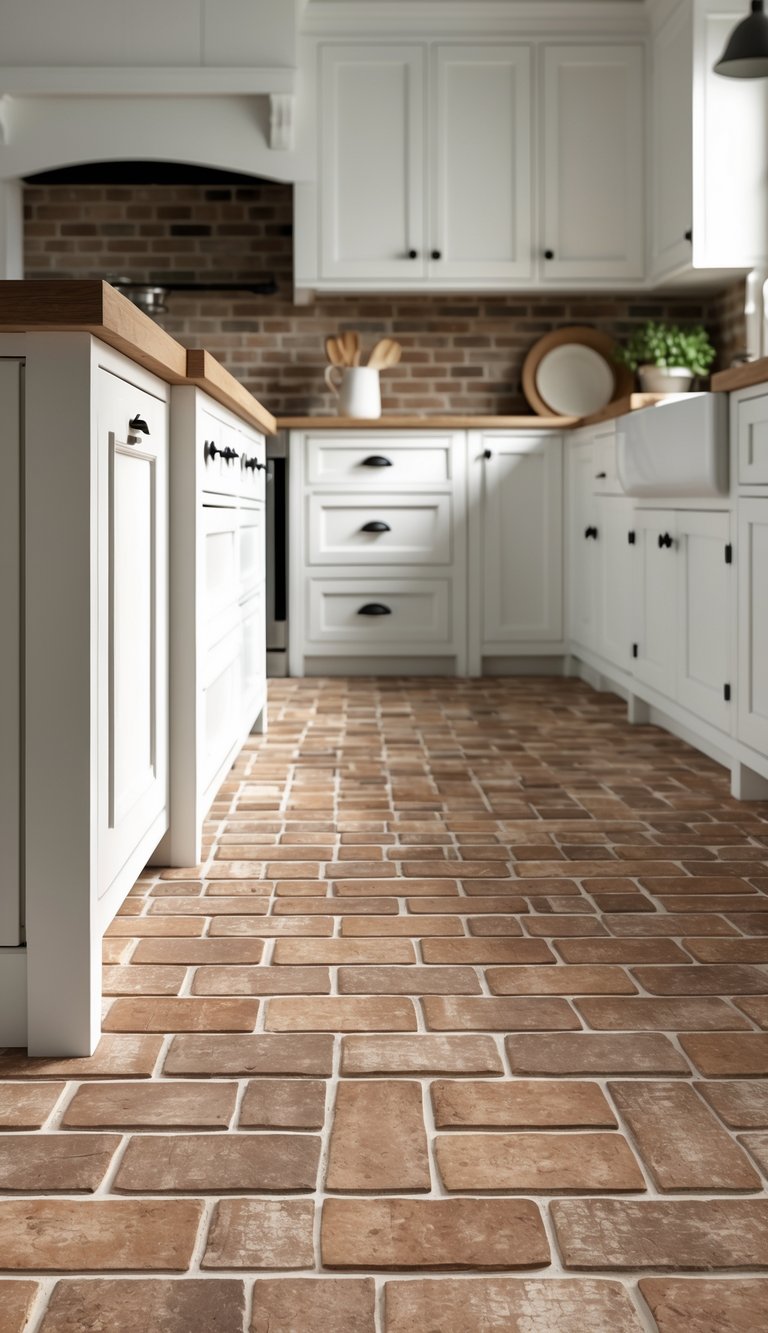 A farmhouse kitchen with brick-style tile flooring, white cabinets, and wooden countertops.