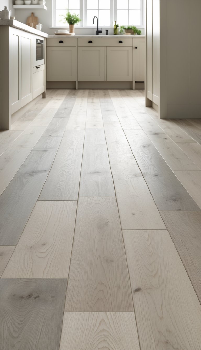 A farmhouse kitchen floor with wide neutral-toned wooden planks and soft natural light.