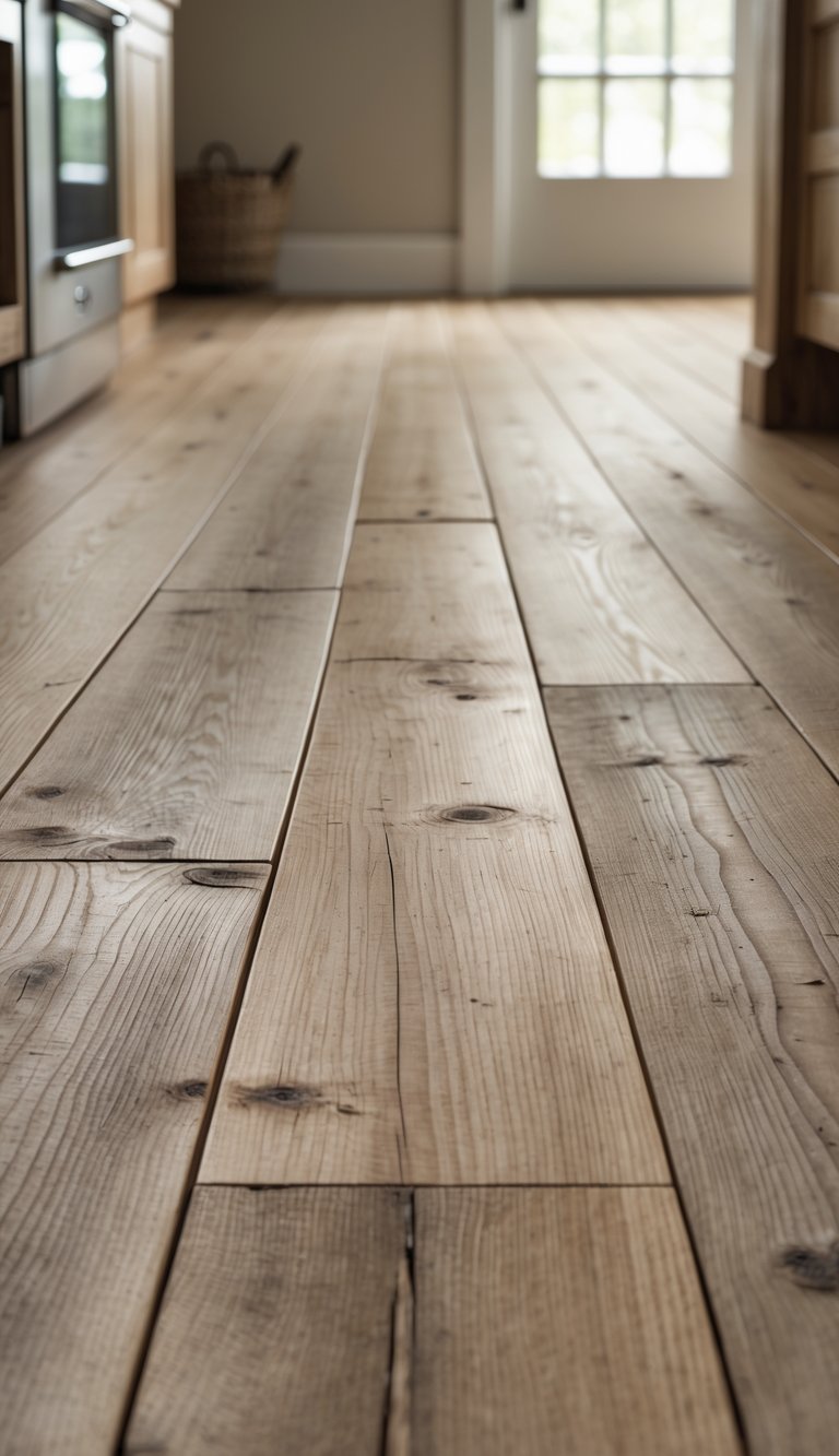 Close-up view of a wooden kitchen floor with wide, distressed planks.