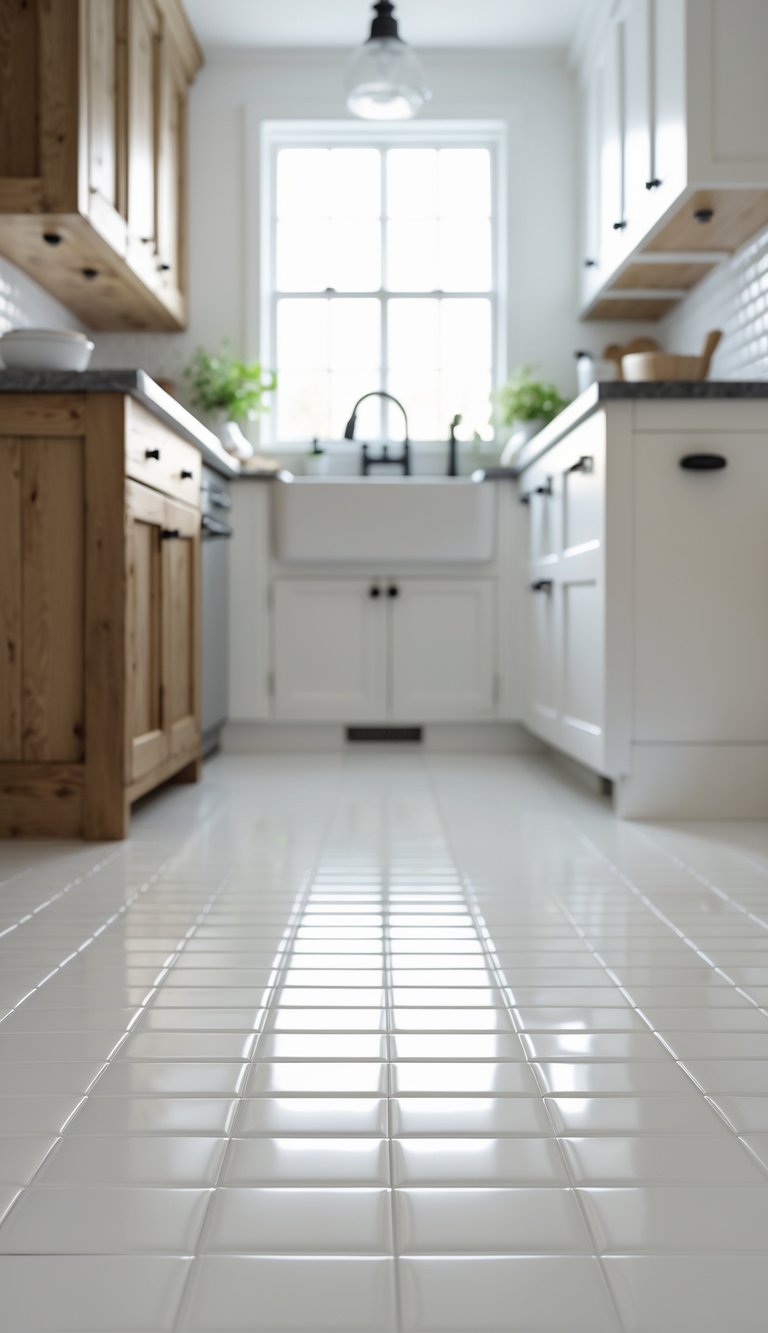 A farmhouse kitchen with white subway tile flooring, wooden cabinets, and a farmhouse sink.