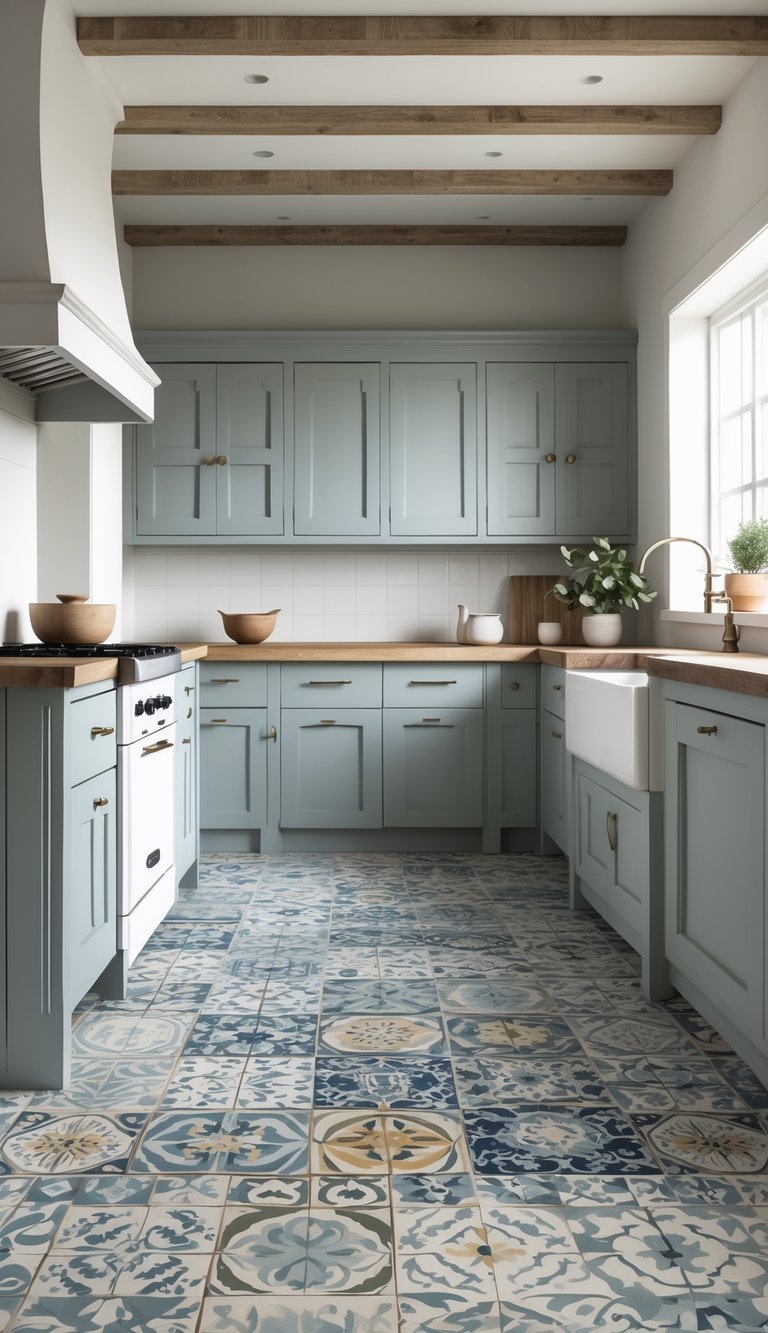 Farmhouse kitchen with patterned ceramic tile floor, wooden island, and natural light.