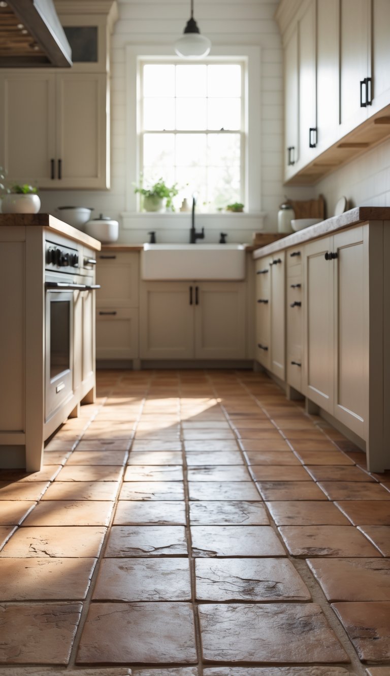 A farmhouse kitchen with warm terracotta tile flooring and light-colored cabinets illuminated by natural light.