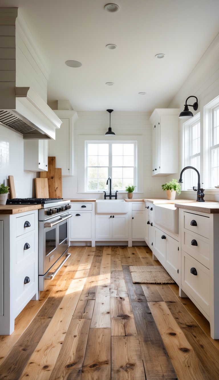 Bright farmhouse kitchen with reclaimed wood flooring, white cabinets, and a farmhouse sink.