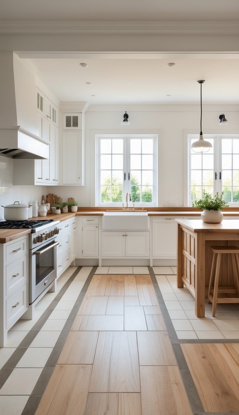 A bright farmhouse kitchen with a floor combining wood planks and ceramic tiles, white cabinets, a wooden island, and natural light coming through large windows.